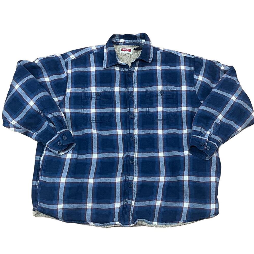 Wrangler Mens Blue Plaid Sherpa Lined Flannel Shirt Jacket XL Heavy Shacket - Picture 1 of 11